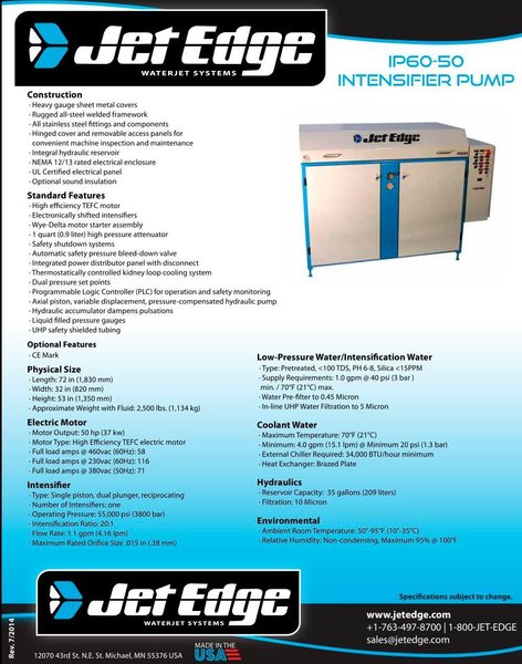 5&#039; x 13&#039; JET EDGE (2013) MODEL #5X13-MR GANTRY RAIL WATERJET CUTTING TABLE, WITH IP-60-50 INTENSIFIER PUMP: STOCK #19309