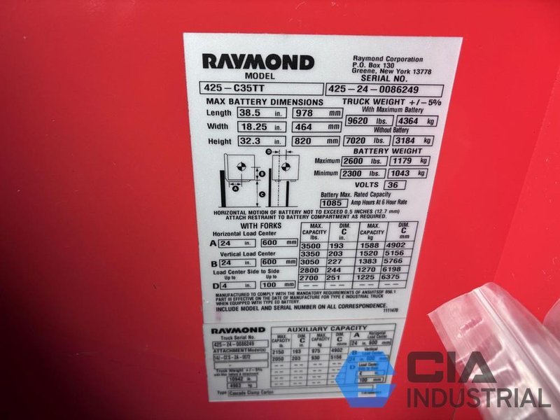 2024 - 3,500 LB. RAYMOND MODEL 425-C35TT STAND-UP ELECTRIC FORKLIFT
