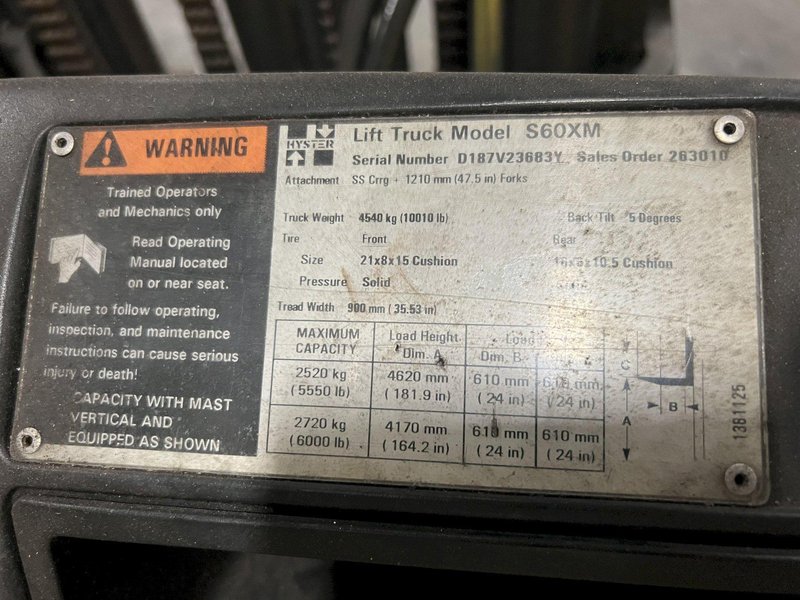 5550 LBS HYSTER MODEL #S60XM LP-GAS FORKLIFT: STOCK # 3443