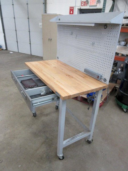 Portable Work Bench with Maple Top, Upper Shelf, Drawer, Work light- Auction Item