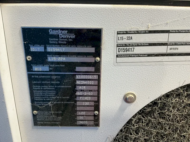 GARDNER DENVER 30 HP AIR COMPRESSOR WITH AIR DRYER  -  L15-22A
