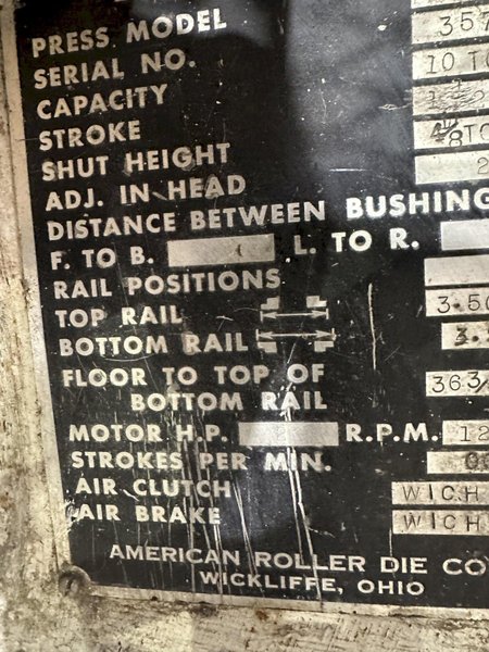 10 TON TISHKEN 4 POST CUT OFF PRESS: STOCK #78006