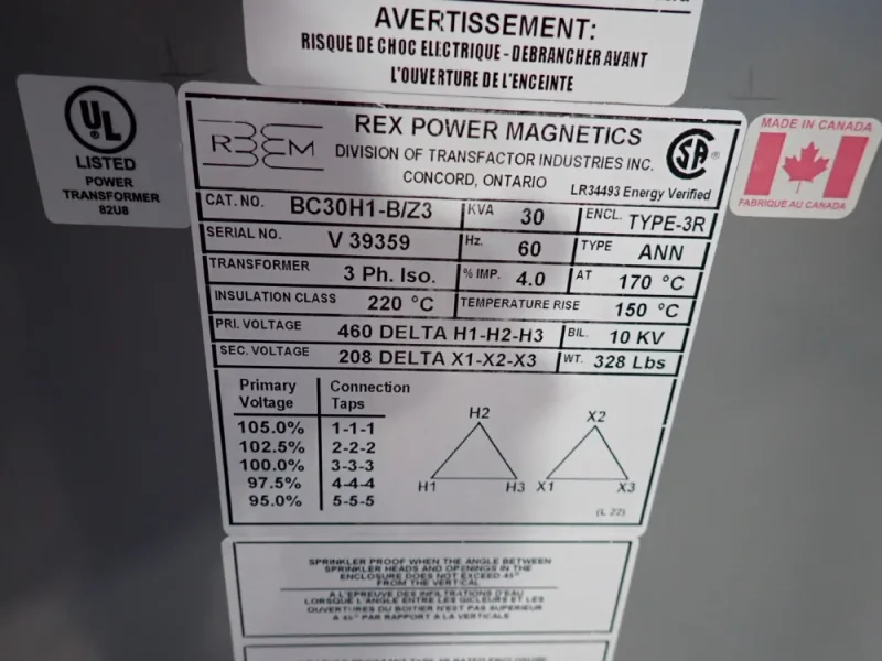 REX 30 KVA TRANSFORMER  -  BC30H1-B/Z3