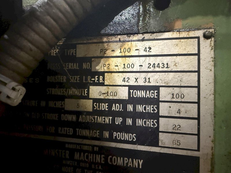 100 TON MINSTER P2-100-42 PIECE MAKER STRAIGHT SIDE HIGH SPEED PRESS. STOCK # 0883325