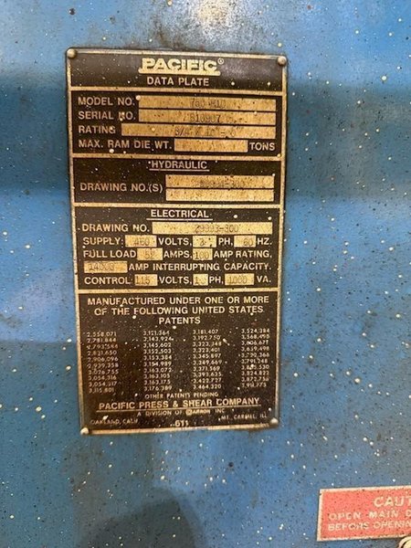 10' x 3/4" PACIFIC 750-R10 HYDRAULIC SQUARING SHEAR. STOCK # 1219325