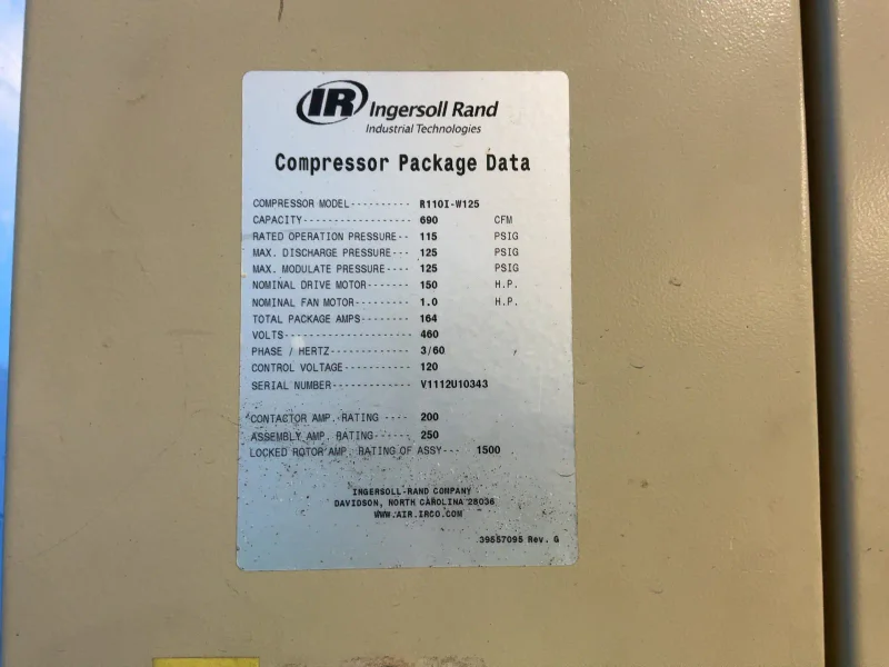 INGERSOLL RAND 150 HP AIR COMPRESSOR  -  R110I-W125