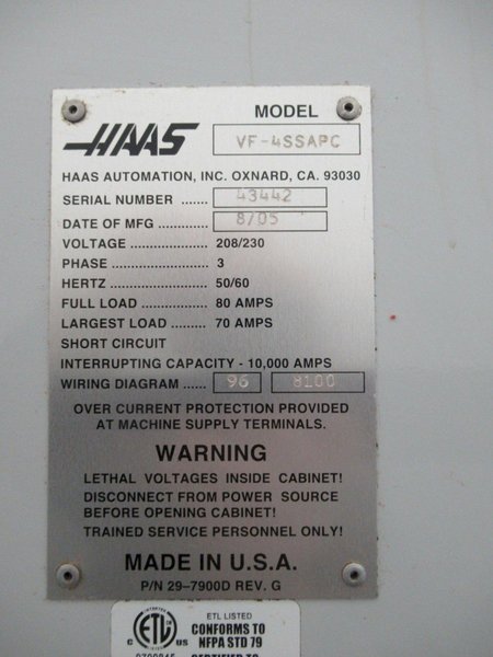 Haas VF-4SS APC CNC Vertical Machining Center, Automatic Pallet Changer, 4th Axis, Probing, TS Coolant, 40-ATC