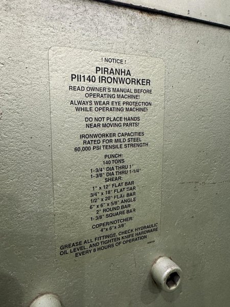 140  TON PIRANHA MODEL #PII-140  HYDRAULIC IRONWORKER: STOCK #77377
