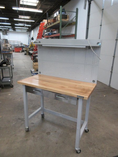 Portable Work Bench with Maple Top, Upper Shelf, Drawer, Work light- Auction Item
