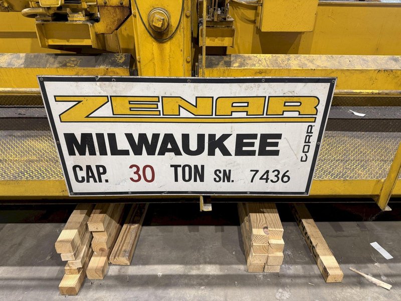 30 TON X 61'8" SPAN ZENAR OVERHEAD BRIDGE CRANE. STOCK # 0983926