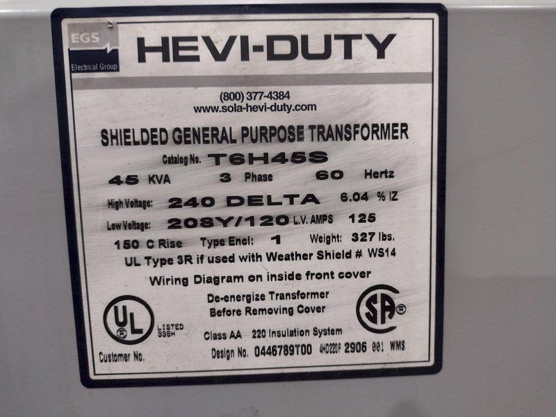 45 KVA HEVI-DUTY 3 PHASE  240 to 208Y GENERAL PURPOSE TRANSFORMER: STOCK #20197