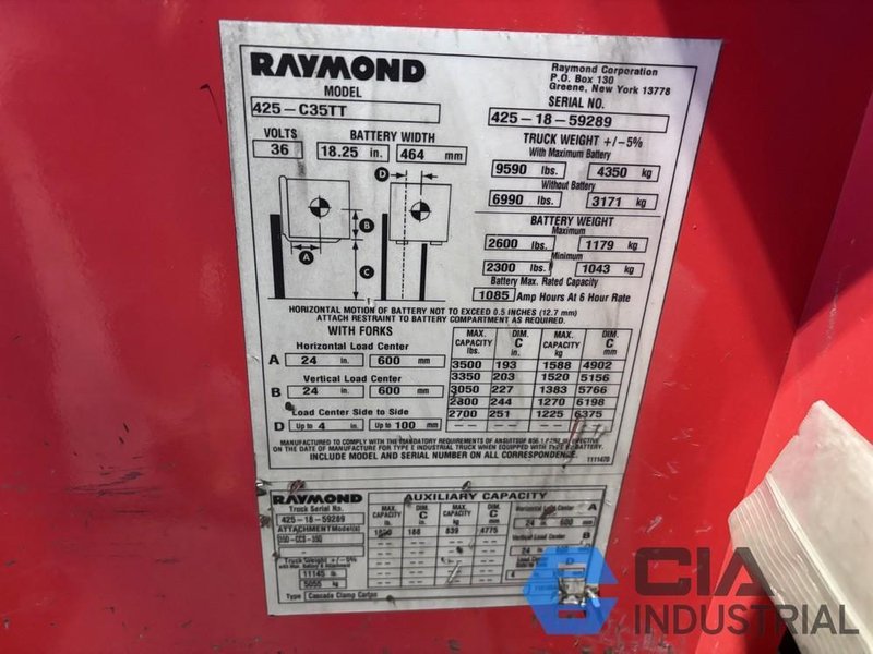 2018 - 3,500 LB. RAYMOND MODEL 425-C35TT STAND-UP ELECTRIC FORKLIFT