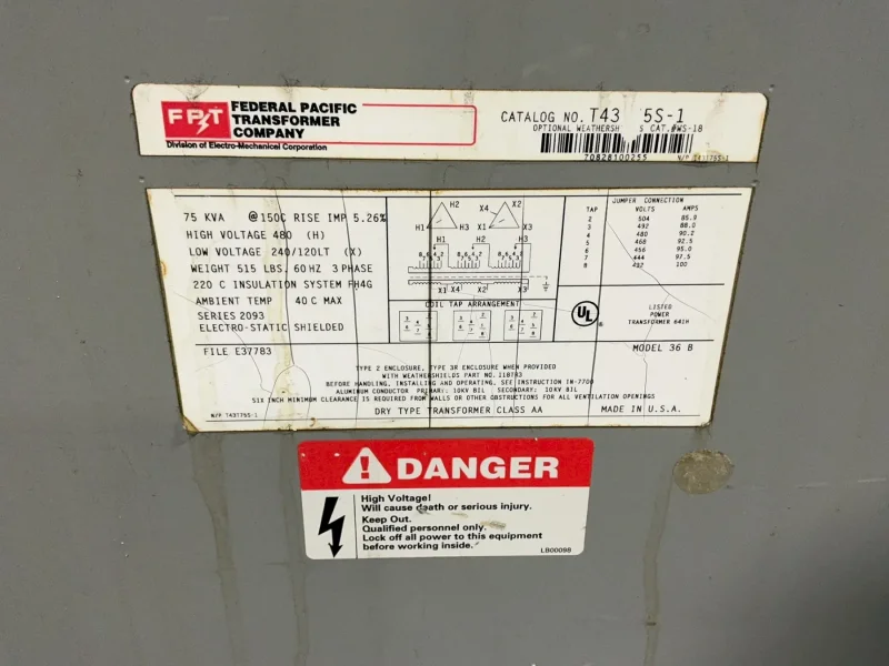 FEDERAL PACIFIC 75 KVA TRANSFOMER  -  T43T75S-1