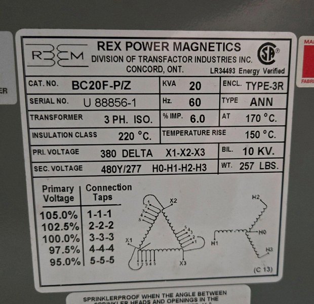 REX POWER MAGNETICS BC20F-P/Z 20KVA 380V TRANSFORMER USED