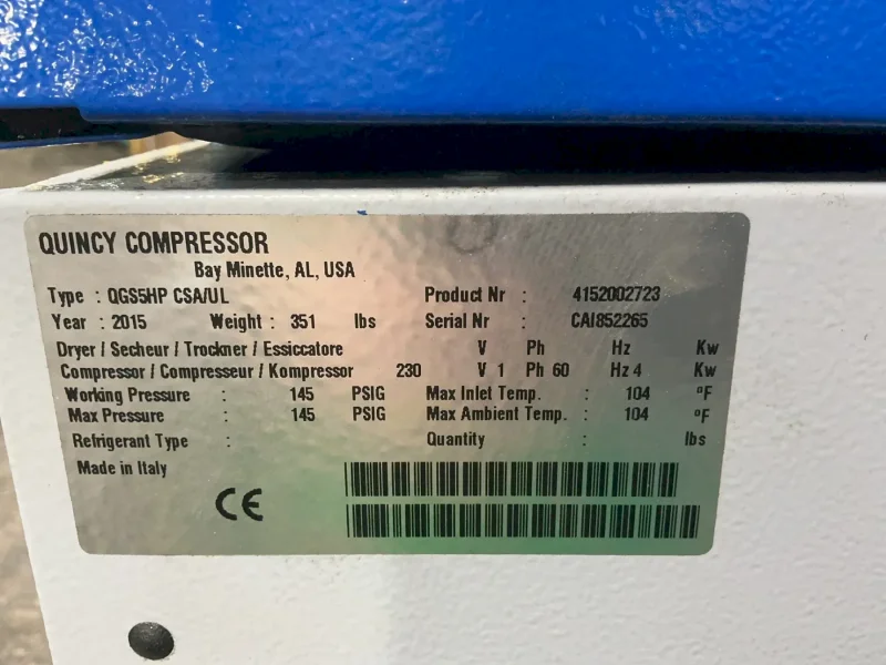 QUINCY 4 KW AIR COMPRESSOR  -  QGS5HP CSA/UL