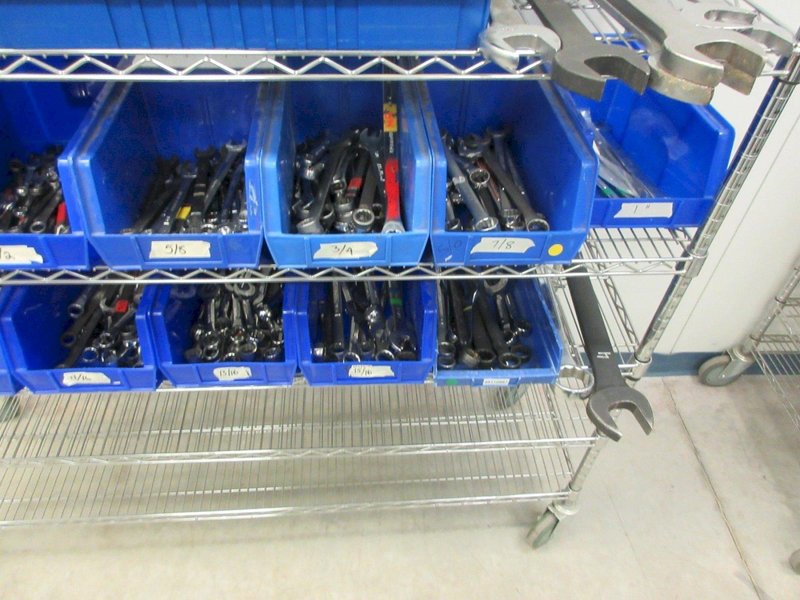 Box End Wrenches from 7/32" up to 1-13/16" on Quantum 8-Shelf 60" x 18" x 78" Metal Wire Rolling Cart- Auction Item