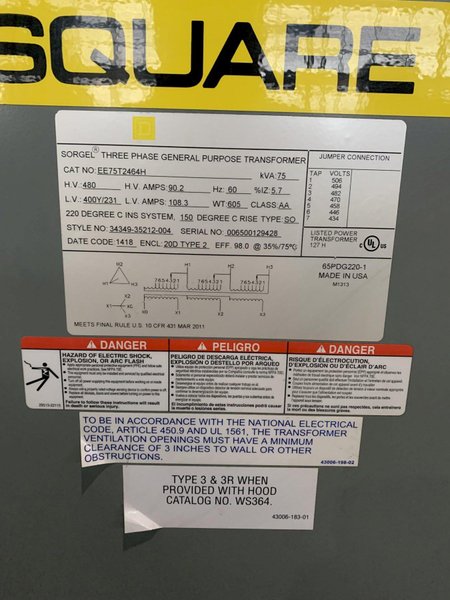 75 KVA SQUARE-D TRANSFORMER. STOCK #0257524