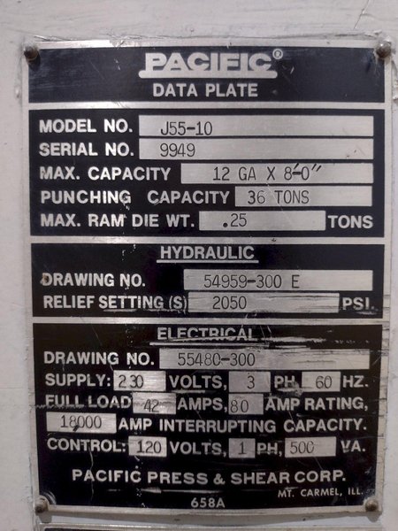 55 TON X 10' PACIFIC MODEL J55-10 HYDRAULIC PRESS BRAKE WITH HURCO BACK GAUGE: STOCK #10653