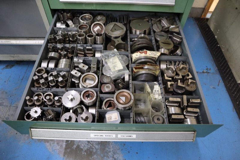 114 Style Turret Punch Tooling in Stanley Vidmar 9 Drawer cabinet- Auction Item