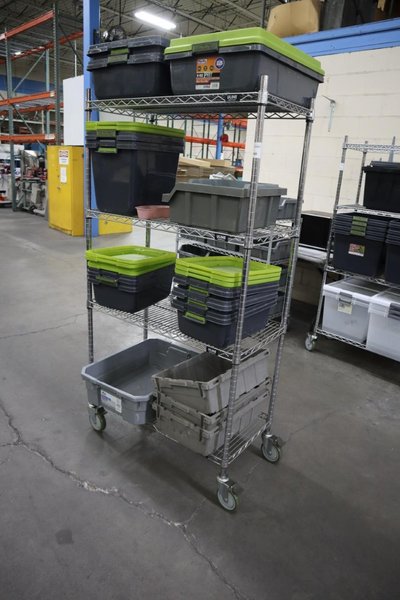 Uline Wire Rack Cart with 4 Shelves and Plastic Totes- Auction Item