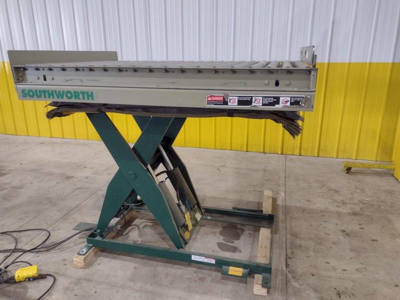 3800 LBS X 60" X 42" SOUTHWORTH MODEL #LS4-36 HYDRAULIC SCISSOR LIFT TABLE WITH ROLLER TOP, 110 VOLT: STOCK #20886