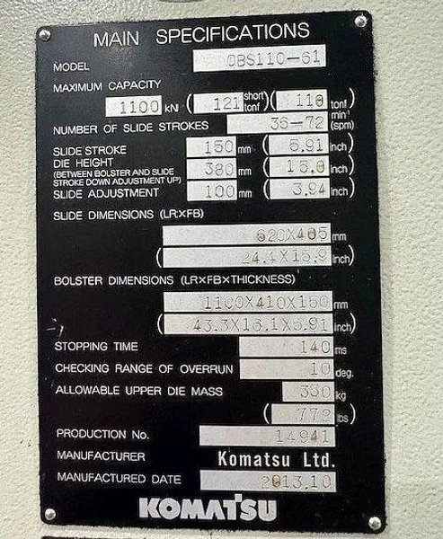 110 ton Komatsu Single Crank Gap Frame Press Model OBS-110-61, Year 2013