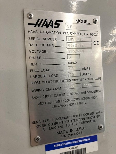 Haas VF-1 Vertical Machining Center 2012 With Ridid Tap, Remote Hand Jog, Expanded Memory, P-Cool, Hil, 4th Axis Ready, 8100 RPM Spindle, Chip Auger,
