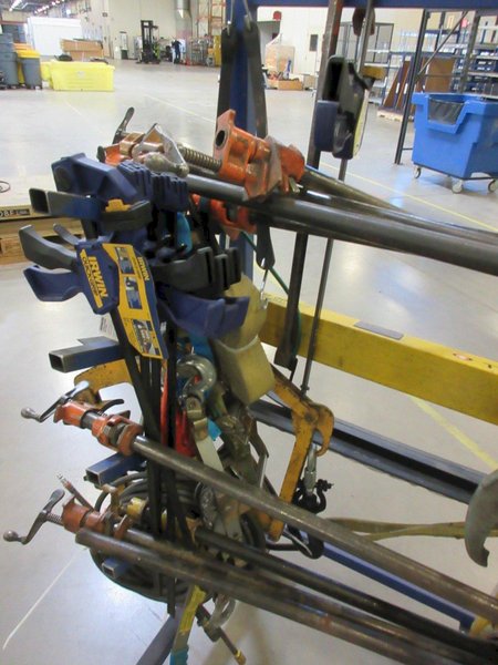 Rolling Cantilever Rack with Large Assortment of Clamps, Come-Along, Posi-Lock 210 Bearing Puller, Caldwell 76E 4800 LBS Batter Lifting Bar- Auction Item