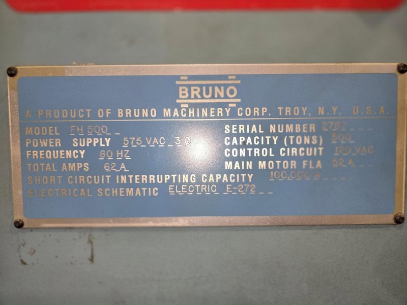 500 TON BRUNO FH500 DIE CUTTING PRESS. STOCK # 0772026