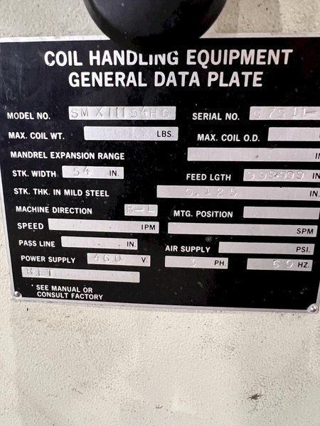 20,000 LBS X 54&quot; X .125&quot; CWP COIL SERVO FEED LINE, REEL, STRAIGHTENER, FEEDER, THREADING TABLE: STOCK #21083