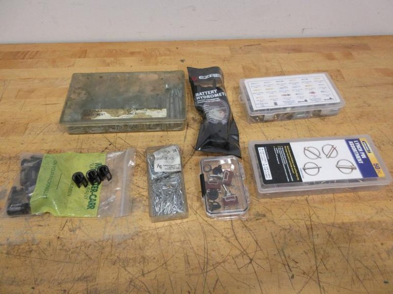 Assorted Hardware Sets, Cotter Pins, Brake Fittings, Lynch Pins, Battery Hydrometer, On/Off Switches- Auction Item