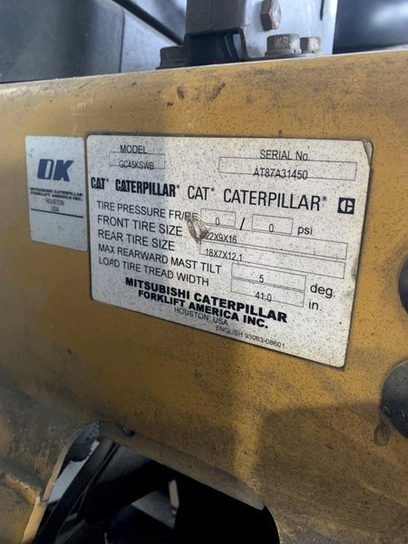 10,000 LB CATERPILLAR GC45KSWB FORKLIFT. STOCK #0890724.