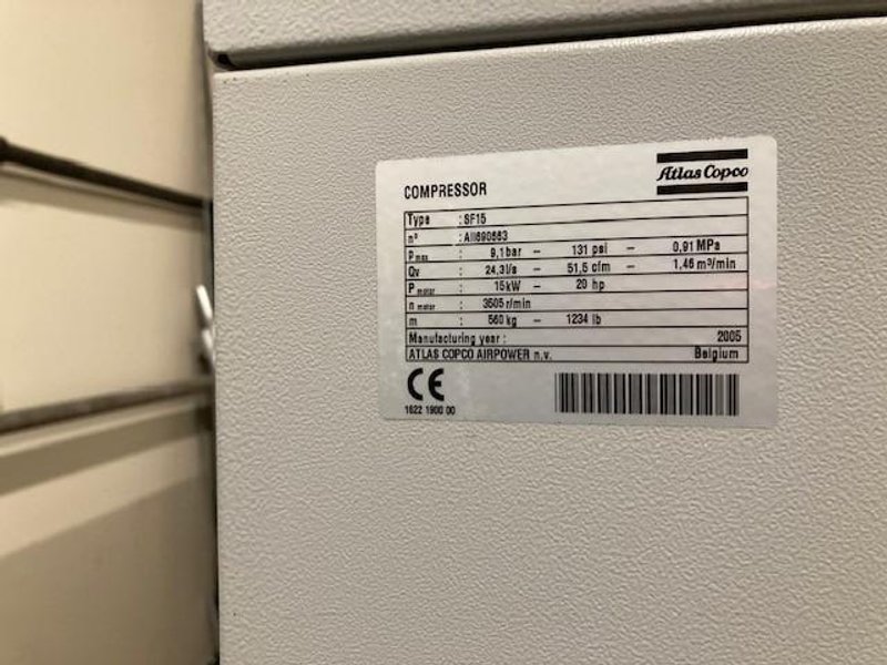 2005 20 HP ATLAS COPCO ROTARY SCREW AIR COMPRESSOR : YOBRO #25157