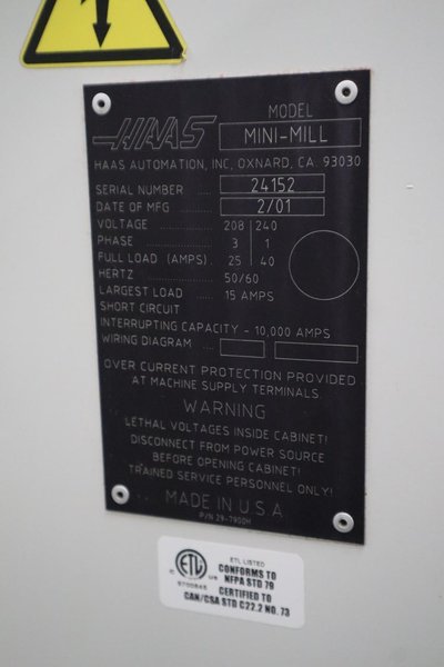 Haas Mini Mill CNC Vertical Machining Center, 16"x12"x10", CT40 Taper, 10 Station ATC, Coolant System, New 2001