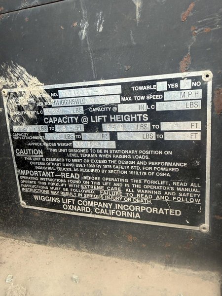 10,000 LB. WIGGINS WD 100 AT-96 DIESEL FORKLIFT. STOCK #0434326