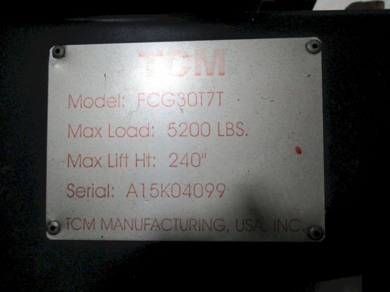 TCM FCG30T7T Forklift – 5,200 lb Capacity, Triple Mast,  Side-Shift, Cushion-Tire, LPG- Auction Item