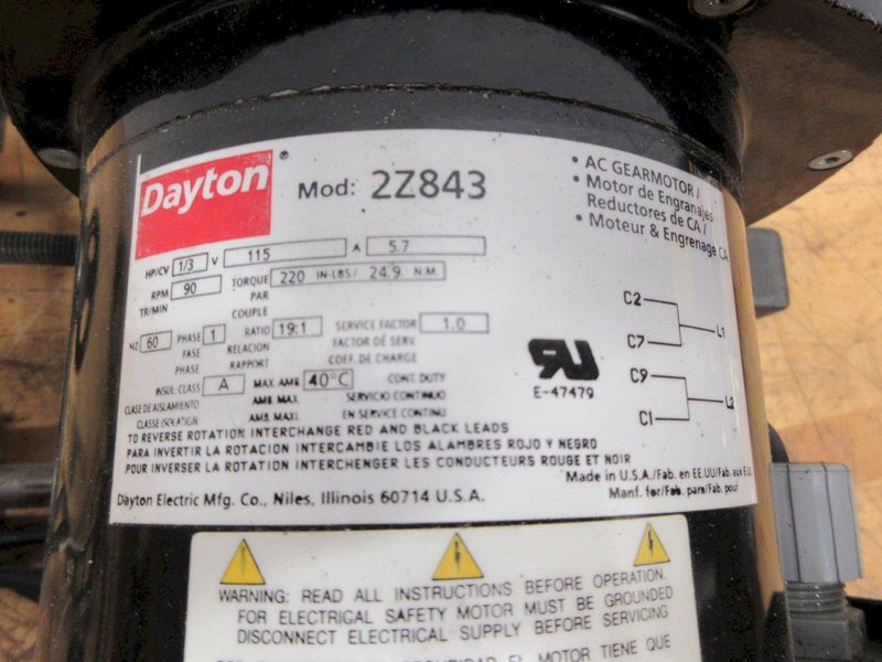 DAYTON AC Gearmotor Model 2Z843: Single Output Shaft, 90 RPM, 220 in-lb Max Torque with Dayton 4Z447A Magnetic Disc Brake, Mounted on Cross Slide- Auction Item