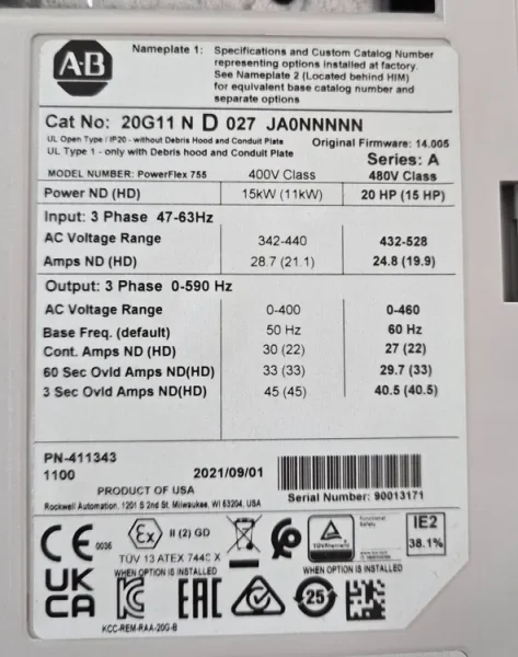 ALLEN BRADLEY 20G11ND027JA0NNNNN SER A USED