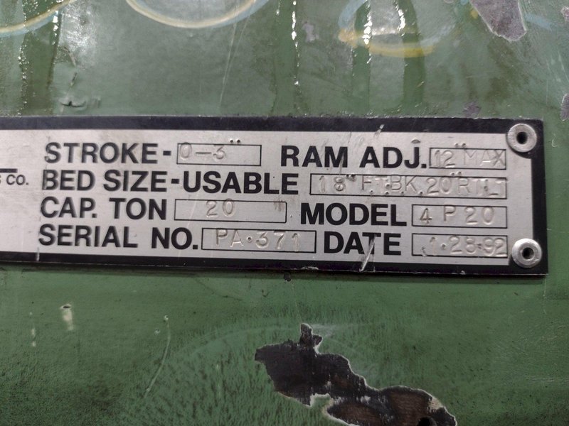20 TON PNEUPOWR AIRAM MODEL #4P20 PNEUMATIC PRESS 3” STROKE: YOBRO #24858