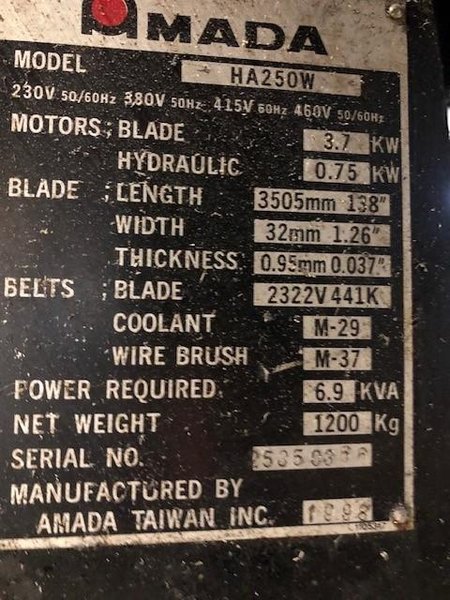 10&quot; X 12&quot; AMADA HA-250-W AUTOMATIC BAND SAW, 1998 STOCK# 2871
