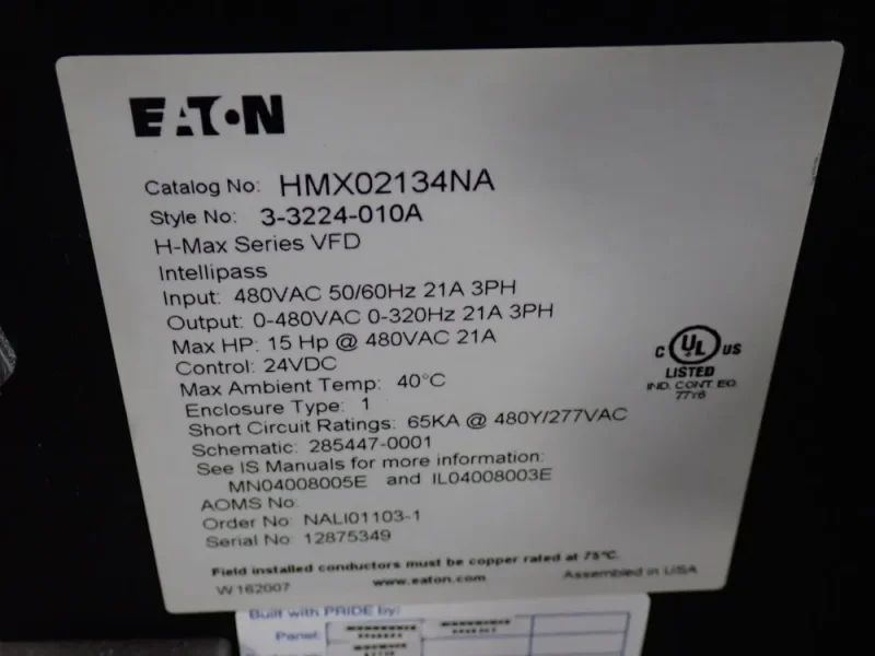 EATON 15 HP (VFD) VARIABLE FREQUENCY DRIVE  -  HMX02134NA