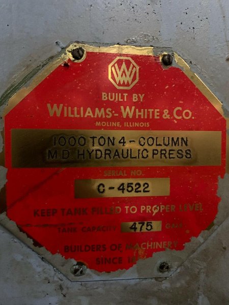 1000 TON WILLIAMS &amp; WHITE HYDRAULIC 4-POST PRESS: STOCK #18310