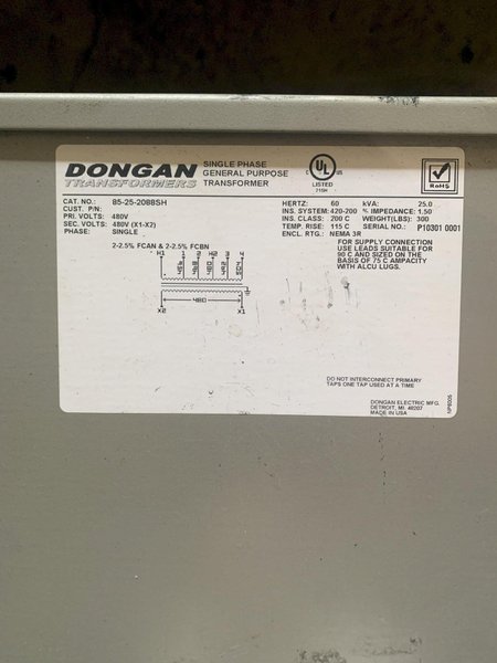 DONGAN 25 KVA 300 LB TRANSFORMER. STOCK # 0639423.