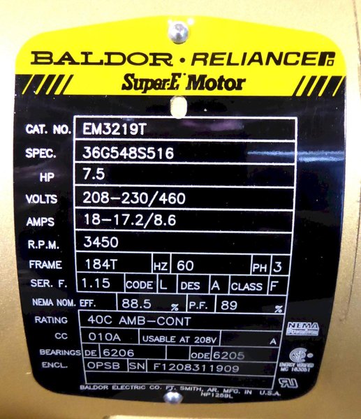 7-1/2 HP Baldor Motor, 184T, 3450 RPM, 3 Phase, New In Box