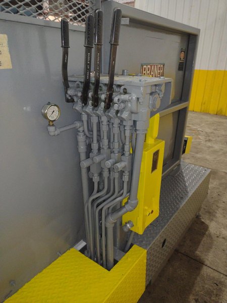 20,000 LBS X 54" X 36" BRANER HYDRAULIC COIL CAR UPENDER WITH POWER FEED CONVEYOR: YOBRO #25238