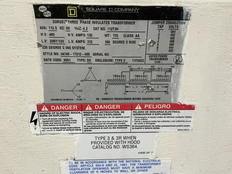 Square D 112.5 Kva Transformer - 112t3h