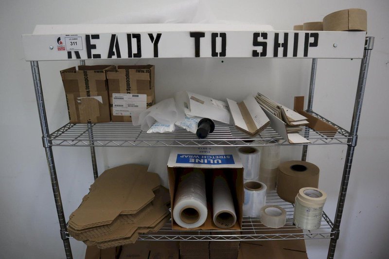 Wire Shelf Unit with 6 Adjustable Shelves, and Contents of Shipping Supplies, Boxes, Shrink Wrap, Corner Protectors and Tape- Auction Item