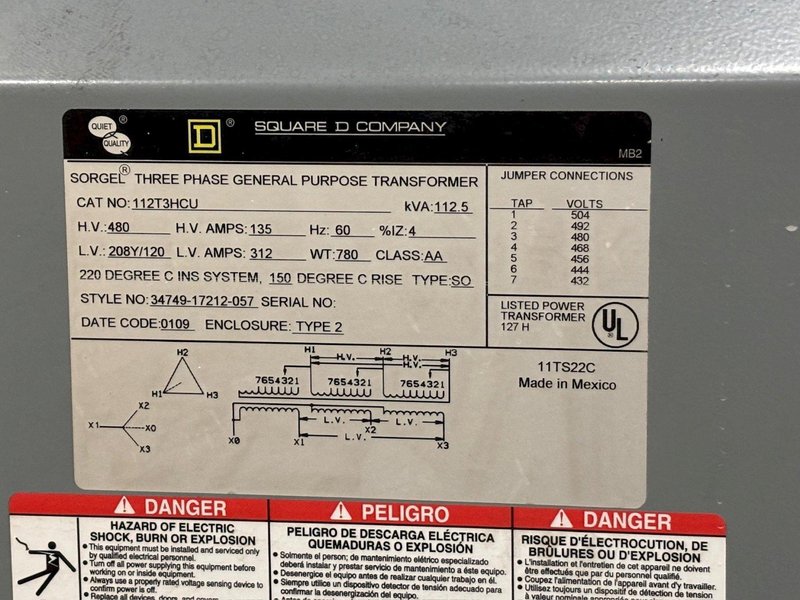 112.5 KVA SQUARE D TRANSFORMER: YOBRO #24135