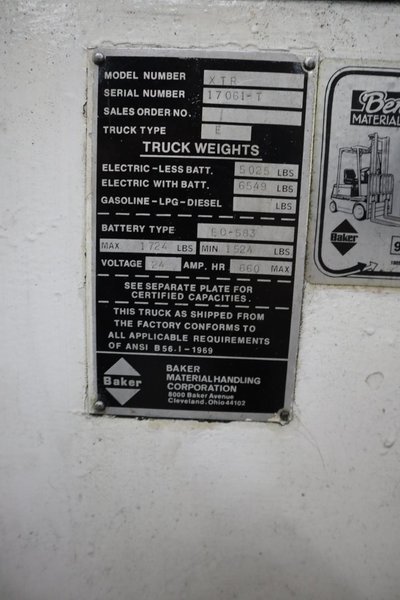 Baker XTR Stand-Up Electric Forklift, 4,000 Lb Cap, 21&quot; Reach, 180&quot; Max Lift Height, - Auction Item
