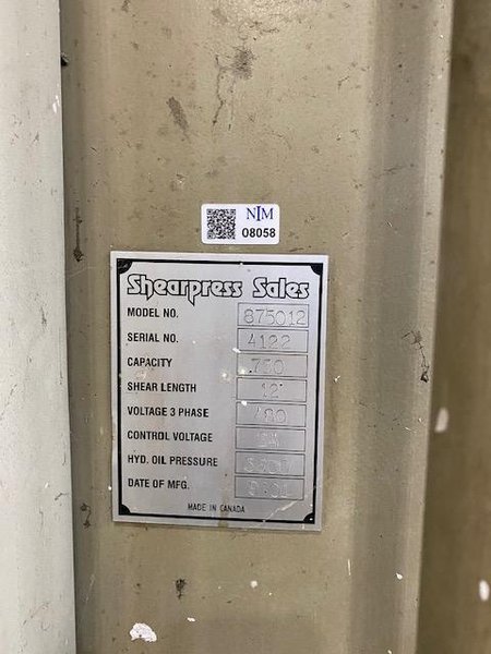 12' X 3/4" ACCURSHEAR 875012 HYDRAULIC PLATE SHEAR. STOCK # 0787924